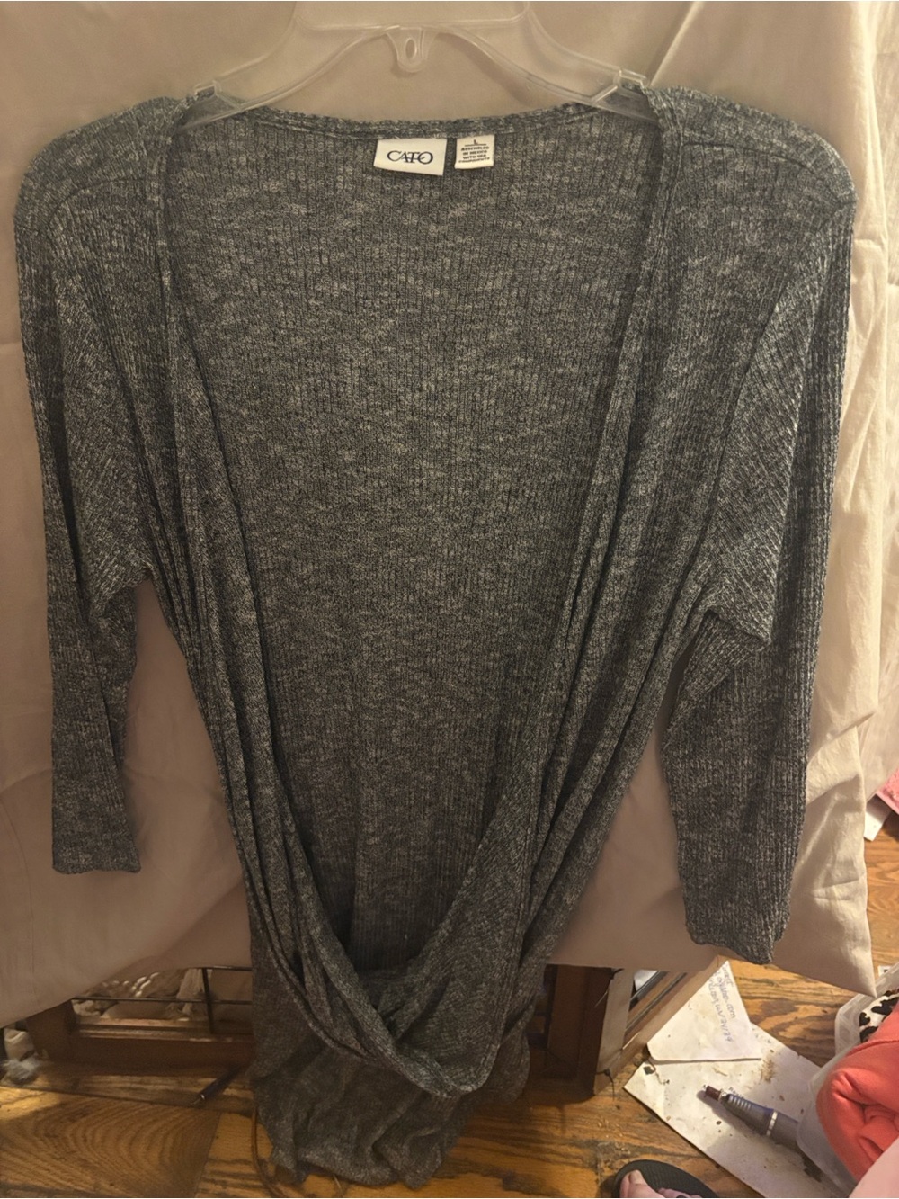Cato Gray Open-Front Draped Knit Cardigan